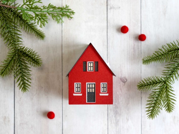 Scandinavian Cottage Luminary - Christmas village house handmade of beautiful, heavyweight acid-free papers. Folds perfectly flat to store.