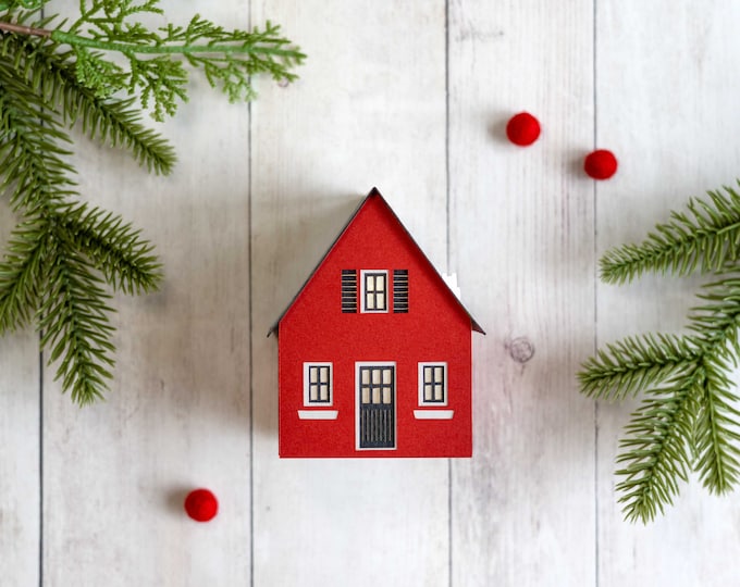 Scandinavian Cottage Paper Luminary: Christmas decor of artisan papers, folds perfectly flat to store