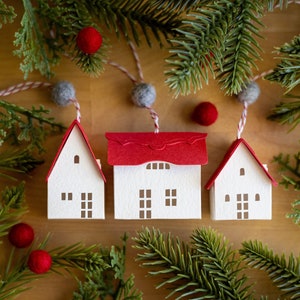 6 Christmas Tree Ornaments - sustainable English Cotswolds thatched-roof cottages, handmade of watercolor paper