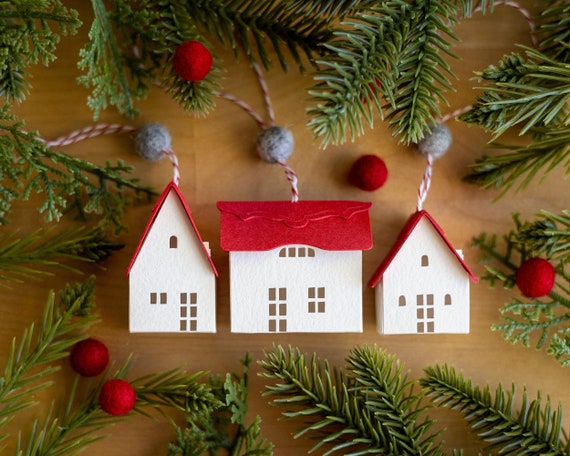 6 Christmas Tree Ornaments - sustainable English Cotswolds thatched-roof cottages, handmade of watercolor paper