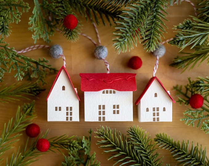 6 Ornaments: English thatched-roof cottages handmade of heavy paper