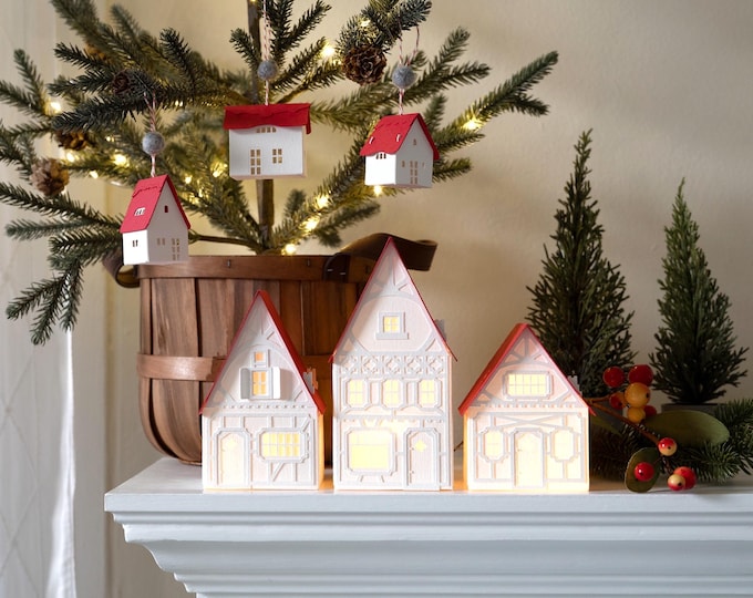 Seen in Better Homes & Gardens Magazine, Handmade Christmas Village: handmade of artisan papers, folds perfectly flat to store