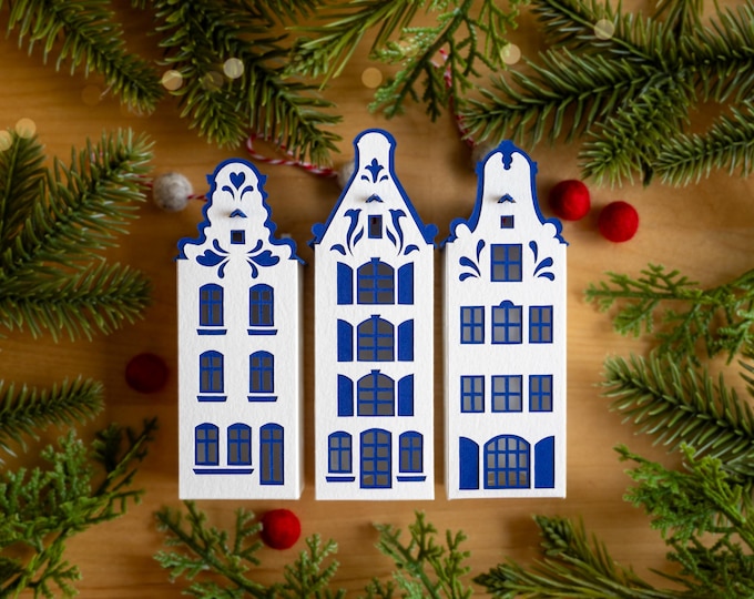 Dutch Christmas Ornament (set of 3): Delft Amsterdam canal houses handcrafted from French watercolor paper
