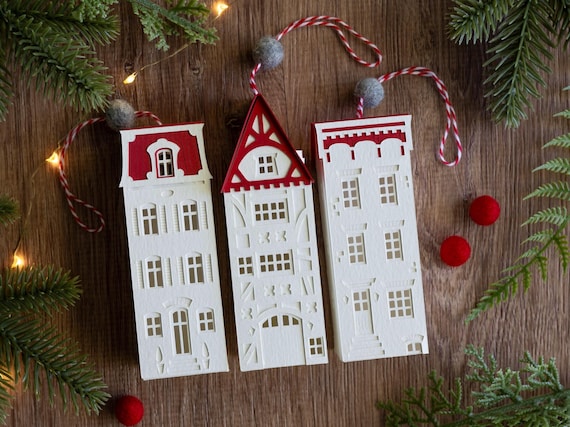 3 Christmas Ornaments - Paris, London & New York, handmade of layered paper