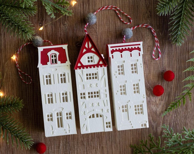 3 Christmas Ornaments: Paris, London & New York, handmade of layered paper