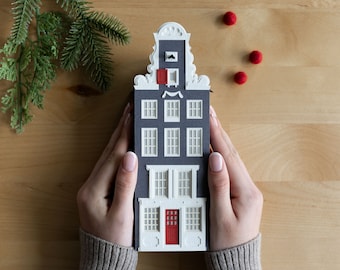 Amsterdam Canal House Luminary - Dutch holiday mantel decoration handmade from layered paper, folds perfectly flat to store