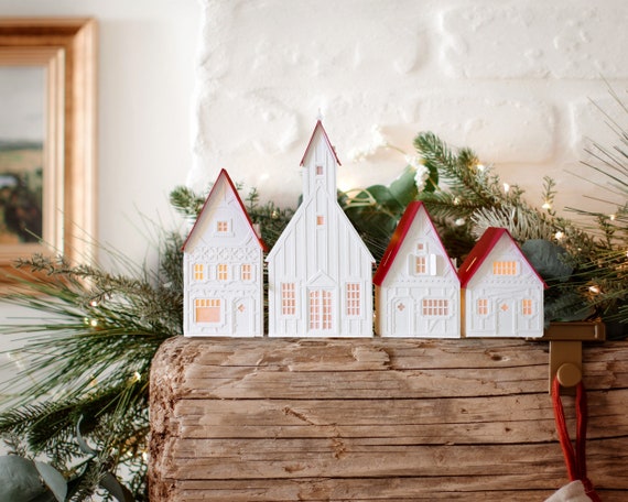 Christmas village mantel set: sustainable tealight house luminaries, handmade of artisanal papers, folds flat for storage