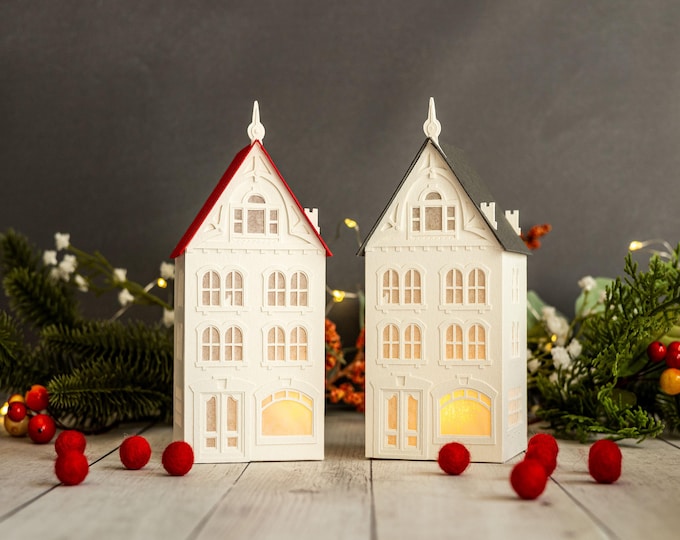 Victorian Christmas Village Luminary: handmade of artisan papers, folds perfectly flat to store