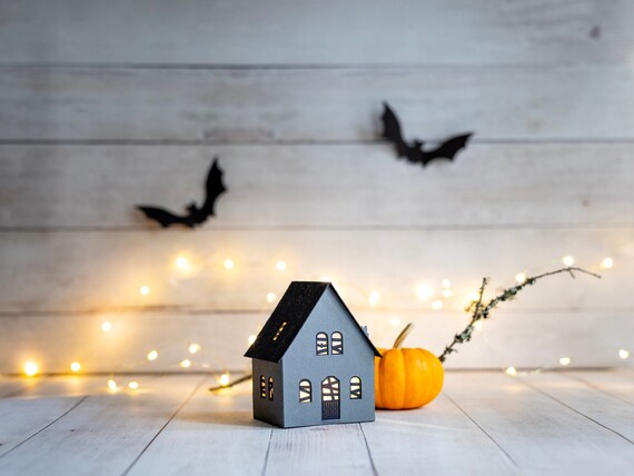 Haunted Halloween paper house luminary, with black cat and bat details, folds perfectly flat to store