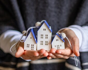 Six minimalist Chrismukkah village ornaments: a modern holiday collection handmade from classic watercolor paper (sets of 6, 12 or 18)