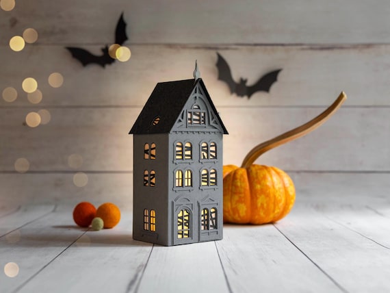 Haunted Halloween House Luminary: handmade of artisan papers, folds perfectly flat to store