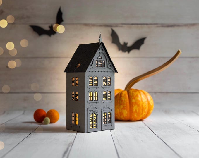 Haunted Halloween House Luminary: handmade of artisan papers, folds perfectly flat to store
