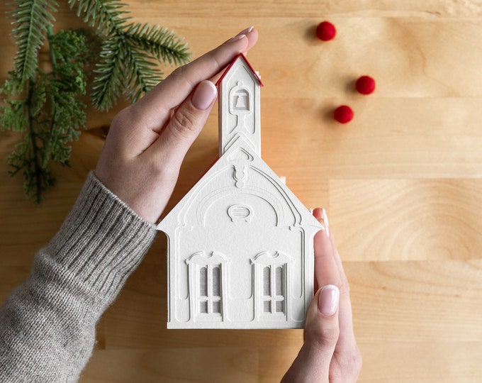 Schoolhouse Christmas Village Luminary: handmade of artisan papers, folds perfectly flat to store
