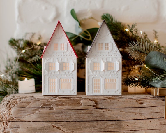 Tea light paper house: handmade Christmas village house for the holidays, folds flat to store