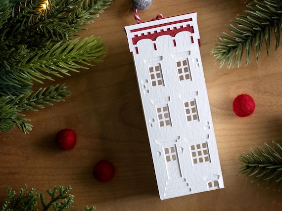 Brownstone Christmas Ornament - holiday decor handmade of lovely watercolor paper, perfect New York gift