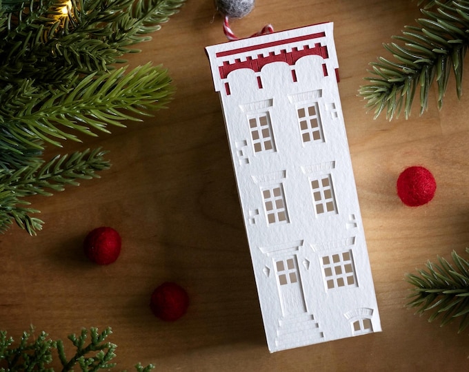 Brownstone Christmas Ornament: holiday decor handmade of watercolor paper, folds perfectly flat to store