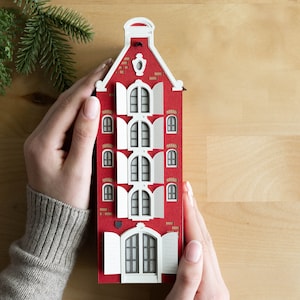 Amsterdam Canal House Luminary - Dutch holiday mantel decoration handmade from layered paper, folds perfectly flat to store