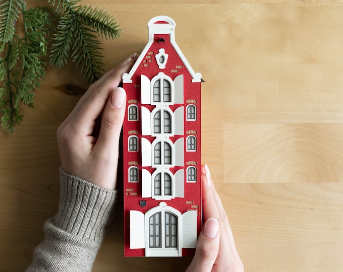 Amsterdam Canal House Luminary - Dutch holiday decor, handmade of artisan papers, flat perfectly to store - so easy!
