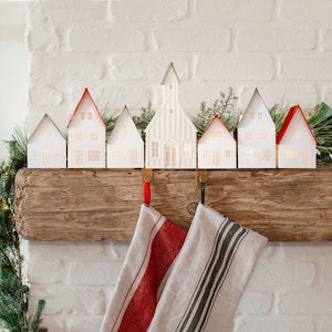 Modern Christmas village: 6 handcrafted paper Scandinavian style luminaries and optional Nordic church, folds completely flat to store