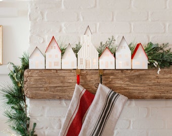 Modern Christmas village: 6 handcrafted paper Scandinavian style luminaries and optional Nordic church, folds completely flat to store
