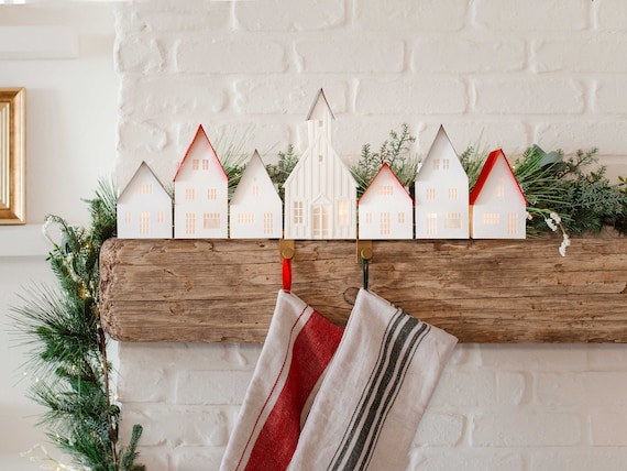 Modern Christmas village: 6 handcrafted paper Scandinavian style luminaries and optional Nordic church, folds completely flat to store