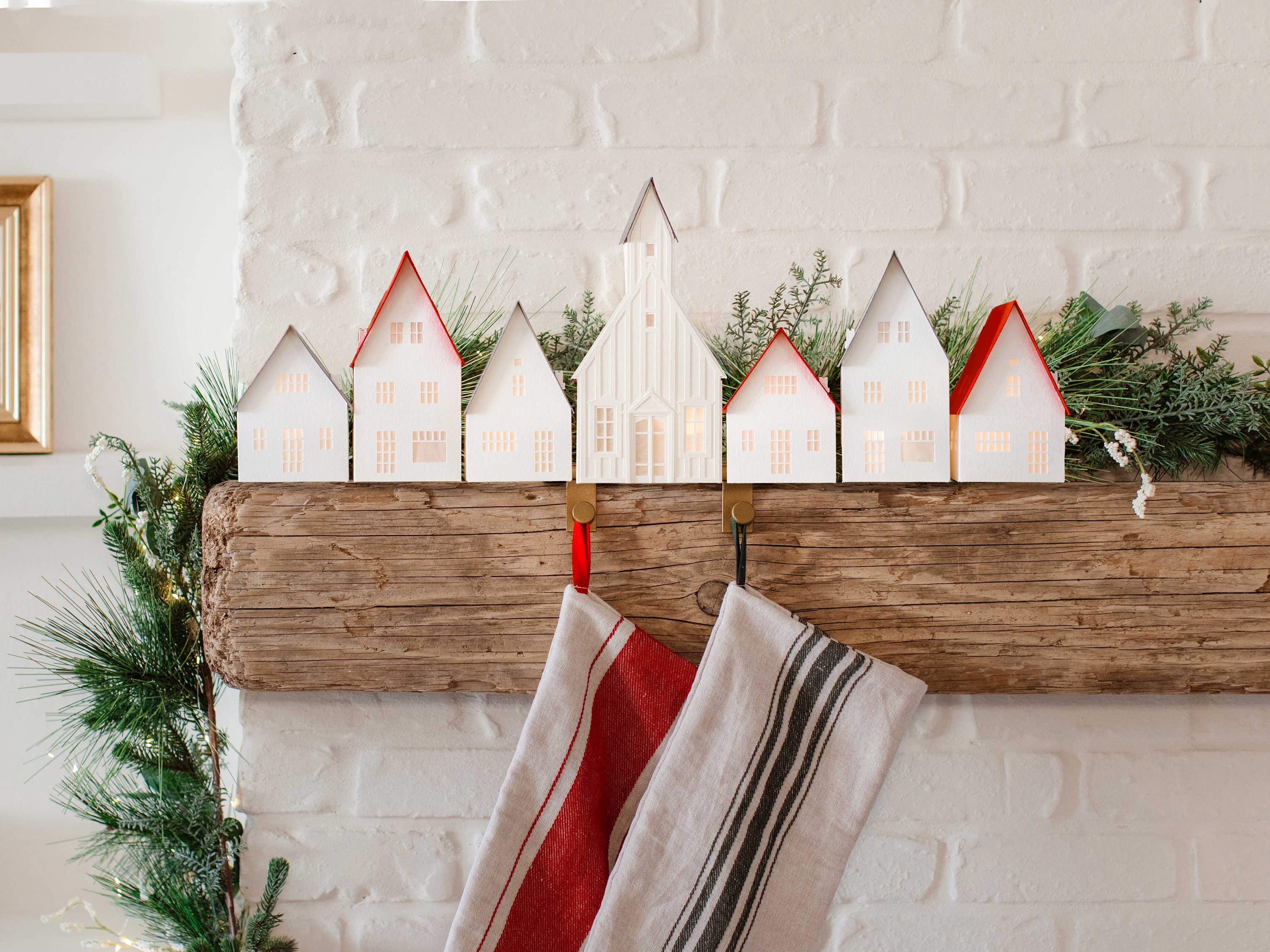 Modern Christmas village: 6 handcrafted paper Scandinavian style luminaries  and optional Nordic church, folds completely flat to store