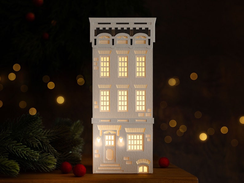 Brownstone Paper Luminary handmade holiday decor, folds flat to store, perfect for gifting image 1