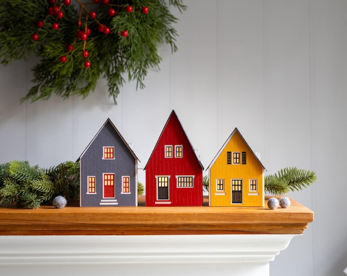 Scandinavian Christmas Village: handcrafted paper house set, folds perfectly flat to store