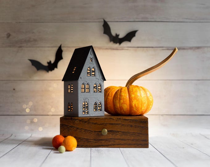 Halloween Haunted House Luminary: handmade of artisan papers, folds perfectly flat to store