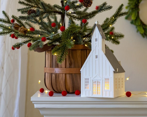 Nordic church luminary: Scandinavian chapel handmade from archival papers, lovely with Christmas village & folds completely flat to store