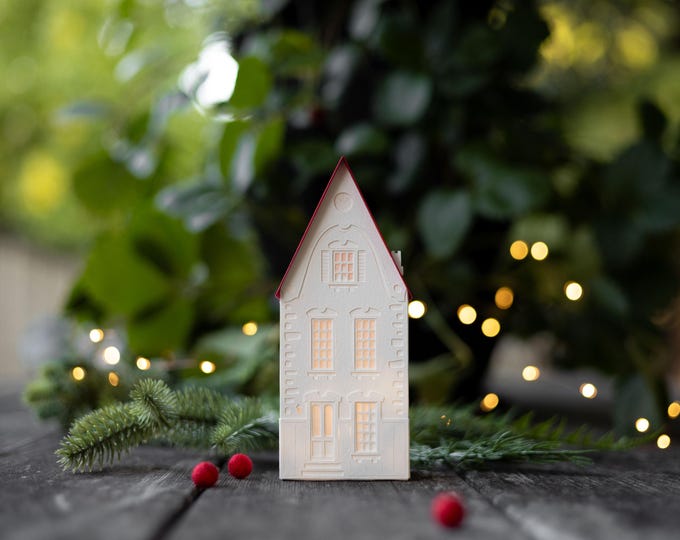 Christmas Village House: The Clockmaker's House, handmade of artisan papers, folds perfectly flat to store