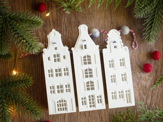 3 Christmas tree ornaments: Dutch canal house holiday decorations, handmade from heavyweight watercolor paper
