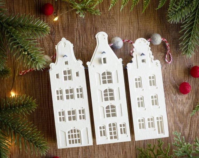 3 Christmas tree ornaments: Dutch canal house holiday decorations, handmade from heavyweight watercolor paper