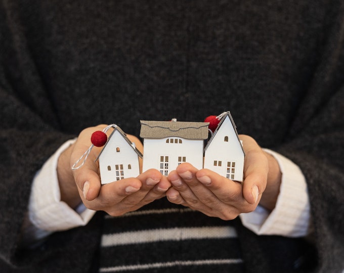 6 Christmas ornaments: sustainable modern holiday decorations, thatched-roof cottages handmade of classic watercolor paper