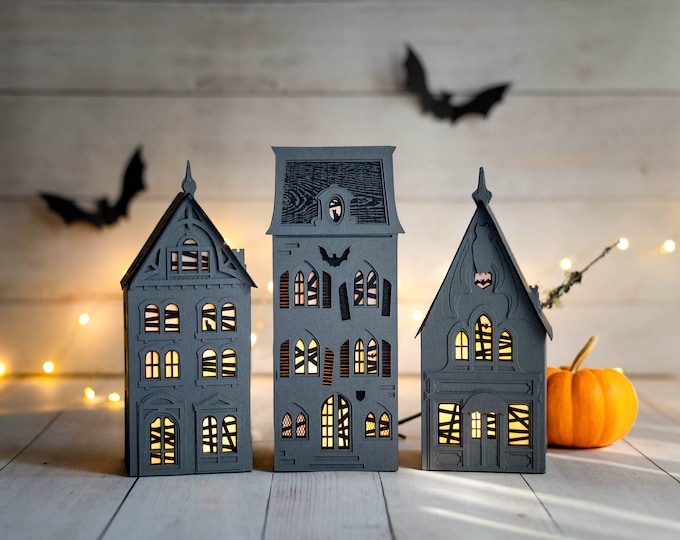 Haunted Halloween Village Houses: 3 handmade paper luminaries that fold perfectly flat to store