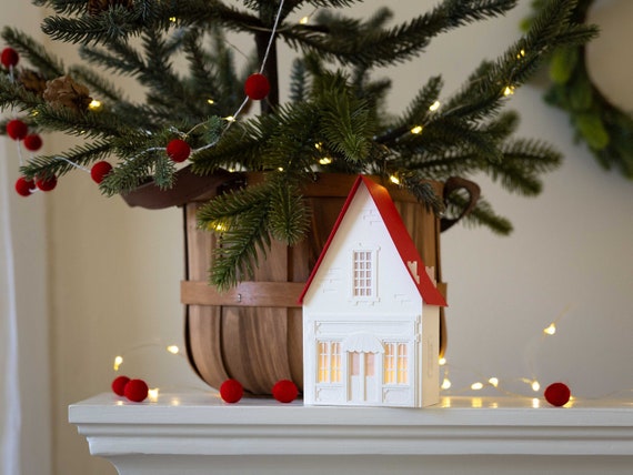 Toy Shop Christmas Village Luminary - handmade heirloom holiday decor. Artisan papers, folds flat to store.
