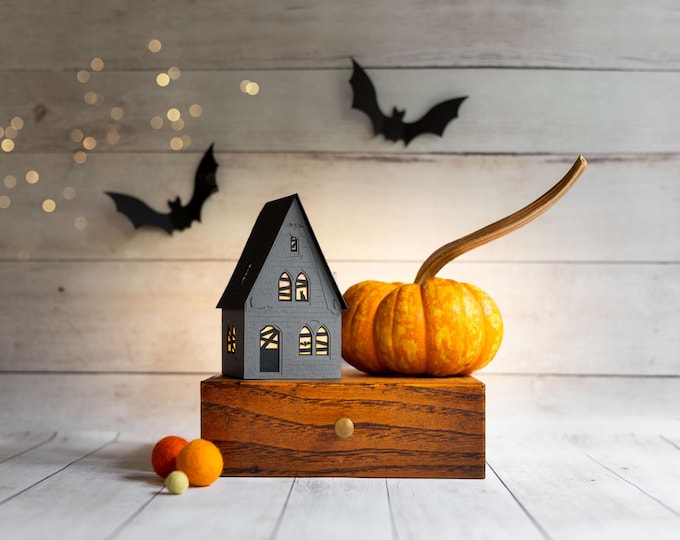 Haunted House Luminary: handmade of artisan paper, folds perfectly flat to store