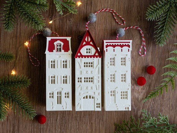 Layered Paper Christmas tree ornaments: Paris, London and New York handmade paper holiday decorations, sustainable gifts for the traveler