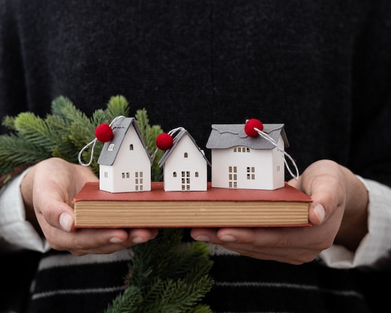 6 Christmas tree ornaments: sustainable Cotswolds holiday decorations, English thatched-roof cottages handmade of classic watercolor paper