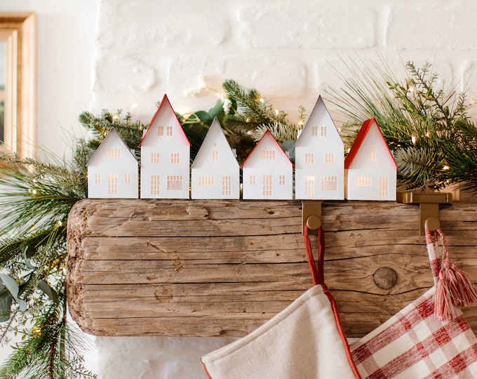Scandinavian Christmas Village: handmade modern paper luminary houses, folds perfectly flat to store