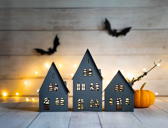 Modern haunted Halloween village trio -- haunted house luminaries handmade of sustainable papers, folds perfectly flat to store