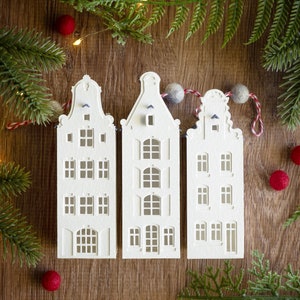 Set of 3 Christmas tree ornaments: Dutch canal house holiday decorations, handmade from heavyweight watercolor paper