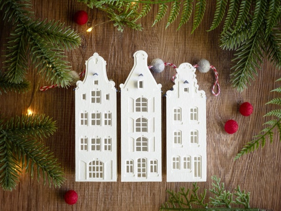 Set of 3 Christmas tree ornaments: Dutch canal house holiday decorations, handmade from heavyweight watercolor paper