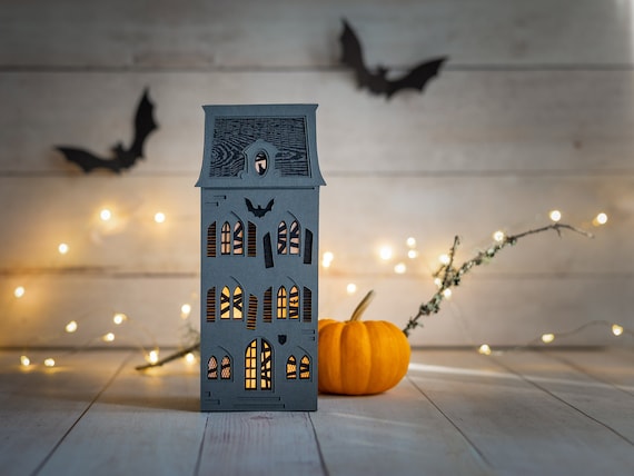 Lighted Gothic mansion haunted house, handcrafted paper luminary, folds completely flat to store