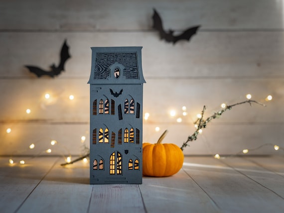 Lighted Gothic Mansion - haunted house luminary, handmade of artisan paper. Folds perfectly flat to store.