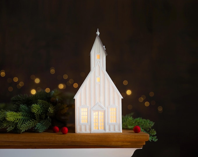 Seen in Better Homes & Gardens Magazine 2024: Scandi Christmas village church, handcrafted of archival papers, stores perfectly flat!