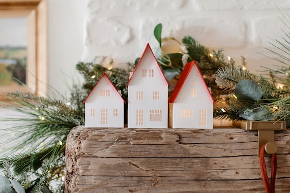 Modern Paper Christmas Village - handmade Nordic decor. Folds perfectly flat to store.