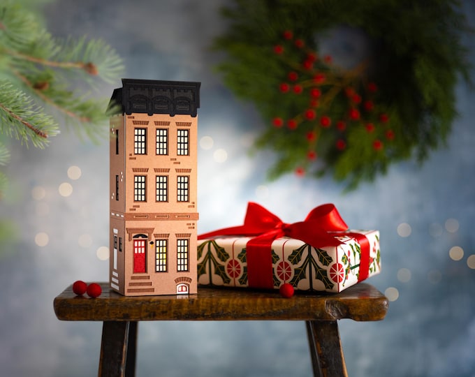 Brownstone Luminary for Christmas: handmade of artisan papers, folds perfectly flat to store