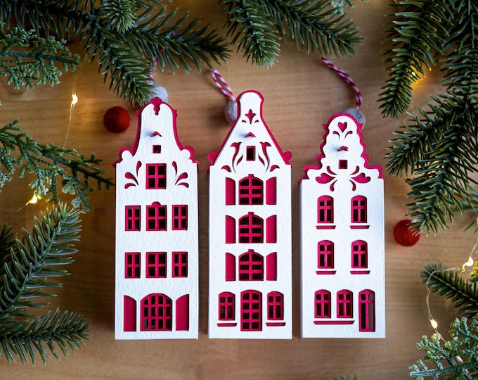 3 Dutch Christmas Ornaments: Delft canal houses handcrafted from French watercolor paper