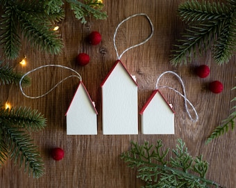 Minimalist Christmas Tree Ornament set - handcrafted of sturdy watercolor paper, contemporary hygge Scandi holiday decor, unique for gifting